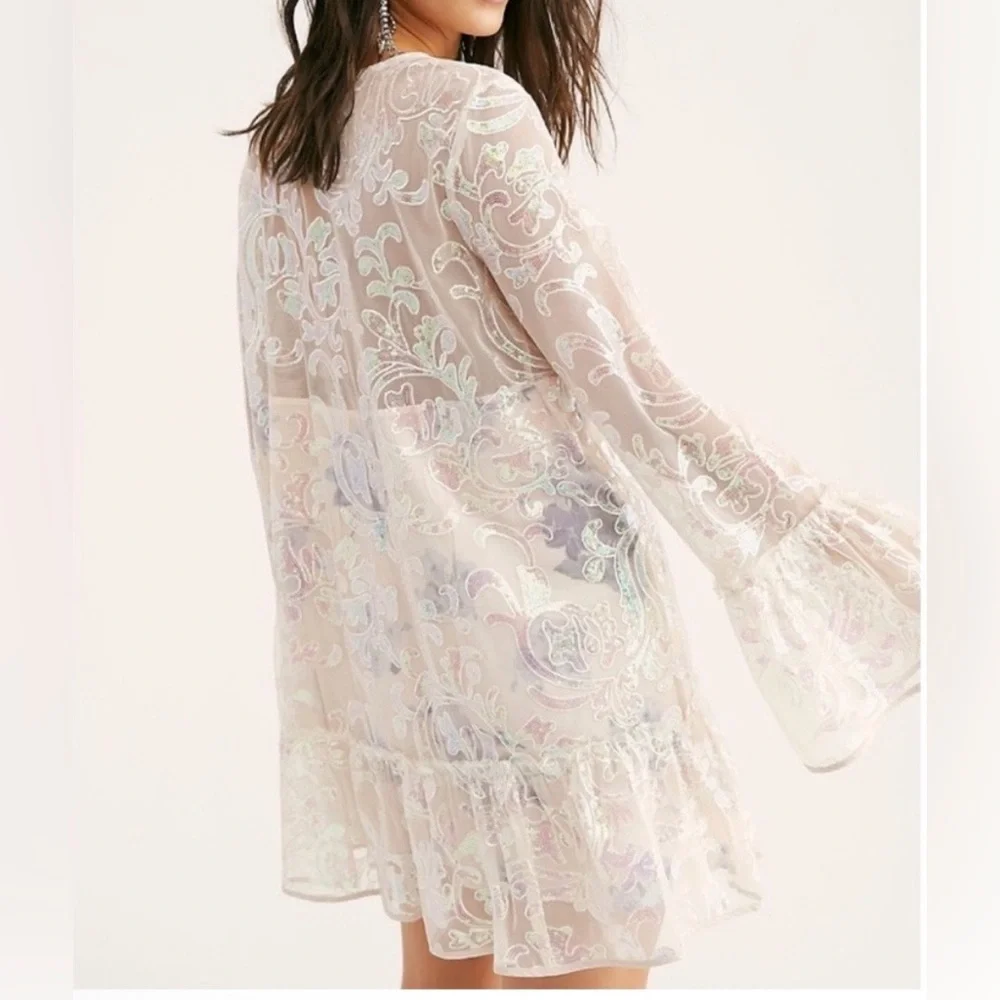Free People Falling Flowers Frock Sequin Shift Bell Sleeve Boho Mini Dress M
